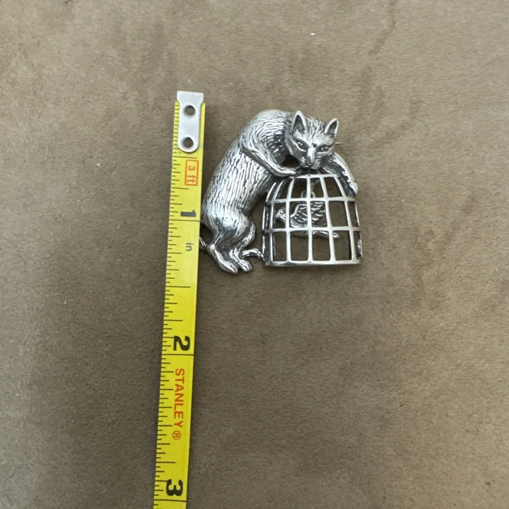 Vintage Jezlaine 925 Sterling Silver  Brooch Cat on Bird Cage Articulated Signed